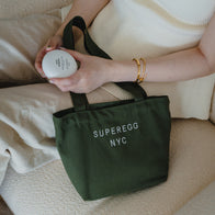 Load image into Gallery viewer, Olive green tote bag with embroidered logo SUPEREGG NYC.