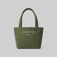 Load image into Gallery viewer, Olive green tote bag with embroidered logo SUPEREGG NYC.