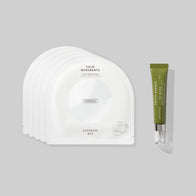 Load image into Gallery viewer, A studio shot of the Eye Care A Lot set, featuring a stack of Calm Movements Eye & Cheek Mask sachets and a tube of Phyto Bounce Eye Contour Solution against a light grey background.