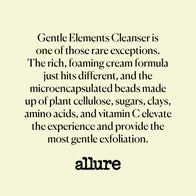 Load image into Gallery viewer, A testimonial graphic for the Gentle Elements Cleansing Foam featuring a review from Allure magazine. The text highlights the "rich, foaming cream formula" and "microencapsulated beads made up of plant cellulose, sugars, clays, amino acids, and vitamin C" that provide the most gentle exfoliation.