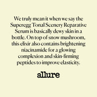 Load image into Gallery viewer, A press quote from Allure magazine featuring the Tonal Scenery Reparative Serum by Superegg. The text describes the serum as "dewy skin in a bottle," highlighting key ingredients like snow mushroom, brightening niacinamide, and skin-firming peptides for improved elasticity.