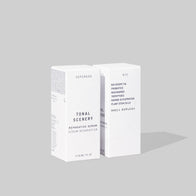 Load image into Gallery viewer, A studio shot showing the front and side of the Tonal Scenery Reparative Serum FSC-certified paper packaging. The side panel lists key ingredients including Bio Desert Oil, Probiotics, Niacinamide, Tripeptides, Marine Glycoprotein, and Plant Stem Cells, along with the proprietary Shell Duplex® technology.