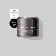 Load image into Gallery viewer, Skincare jar labeled 'Soft Strength' on a light gray background with Byrdie editor's pick badge and BeautyMatter Awards Finalist 2026 badge 