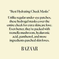 Load image into Gallery viewer, A graphic featuring a review from Harper's Bazaar for the Calm Movements Eye &amp; Cheek Mask. The text labels them as the "Best Hydrating Cheek Masks," noting they cover the entire cheek and are packed with tremella mushroom, hyaluronic acid, and panthenol to nourish parched skin.