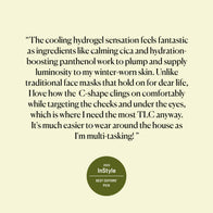 Load image into Gallery viewer, A testimonial graphic for the Calm Movements Eye &amp; Cheek Mask featuring a review from InStyle. The quote praises the "cooling hydrogel sensation" and the "C-shape" design that targets the cheeks and under-eyes, accompanied by the "2023 InStyle Best Editors' Pick" award seal.