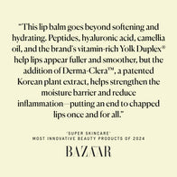 Load image into Gallery viewer, A Harper's BAZAAR "Super Skincare" quote for the ∞(Infinite) Layers Lip Care by Superegg. The text highlights how ingredients like Peptides, Hyaluronic Acid, Camellia Oil, Yolk Duplex®, and Derma-Clera™ help strengthen the moisture barrier and reduce inflammation for smooth, hydrated lips.