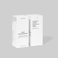 Load image into Gallery viewer, A studio shot showing two white minimalist packaging boxes for the Pure Transparency Treatment Essence by Superegg. The side of the box lists key ingredients including 8D Hyaluronic Acid, Galactomyces, Cica Peptide, and Tremella Mushroom, highlighting the product's advanced hydrating formula.