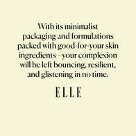 Load image into Gallery viewer, A testimonial graphic for the Sound Renewal Serum Cream featuring a quote from ELLE magazine. The text reads, "With its minimalist packaging and formulations packed with good-for-your skin ingredients—your complexion will be left bouncing, resilient, and glistening in no time," emphasizing the product's effectiveness and clean beauty credentials.
