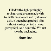 Load image into Gallery viewer, A press review from Domino for the This Moment hand cream. The text reads: "Filled with a light yet highly moisturizing cream made with tremella mushroom and hyaluronic acid, it quenches parched skin without leaving behind a heavy, greasy feel. And honestly? We just love the packaging."
