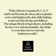 Load image into Gallery viewer, A graphic featuring a testimonial for the Vitamin Collective Vitality Elixir alongside the 2023 ELLE Future of Beauty Winner badge. The quote highlights how the blend of vitamins B, C, E, F, and K with licorice root and niacinamide revives skin and evens tone for luminous results.