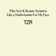 Load image into Gallery viewer, A graphic featuring a press quote from TZR (The Zoe Report) for the Vitamin Collective Vitality Elixir. The text reads, "This New K-Beauty Serum is Like a Multivitamin For My Face," set against a pale yellow background.